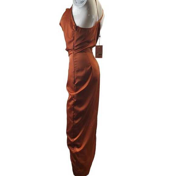 Missguided Rust Asymmetrical Strap Drape Satin Midi Dress Size 2 NWT - Picture 5 of 16
